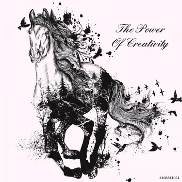 Fashion illustration with hand drawn detailed running horse from