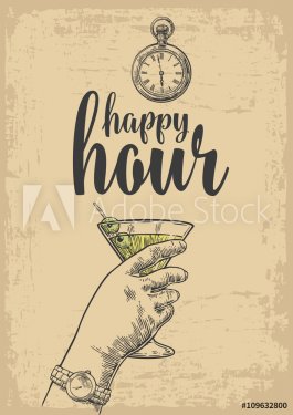 Female hand holding a glass of cocktail. Vintage vector engraving illustration for label, poster, menu. Isolated on beige background. Happy hour