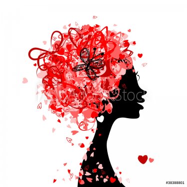 Female head with hairstyle made from tiny hearts for your design