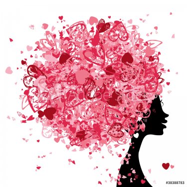 Female head with hairstyle made from tiny hearts for your design - 900459216