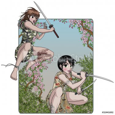 Female Ninja Attacks - Anime Style - Nature Background - 901148275