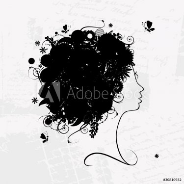 Female profile silhouette, floral hairstyle for your design - 900459133