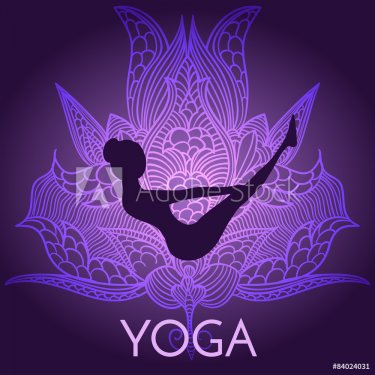 female silhouette practicing yoga pose.design with ornate flower - 901147925