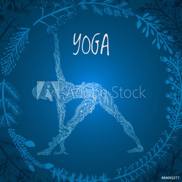 female silhouette practicing yoga pose made of floral ornament