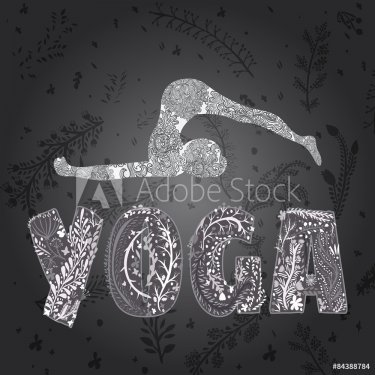 female silhouette practicing yoga pose with word yoga from  floral ornament - 901147926