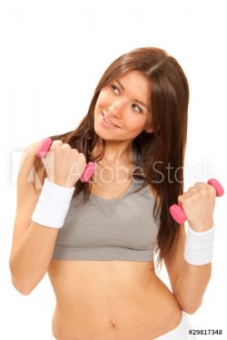 fitness female instructor workout dumbbells in gym - 900739856