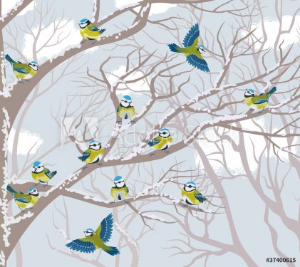 Flock of blue tits perching on branches of trees - 901151656