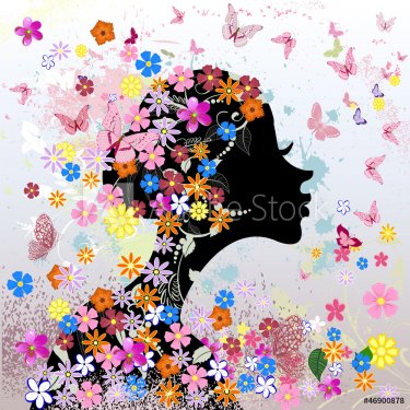 Floral hairstyle, girl and butterfly - 901138372
