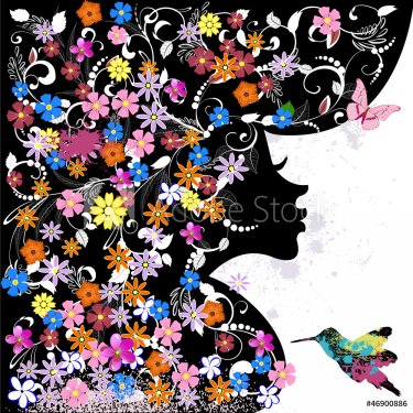 Floral hairstyle, girl and grunge bird - 901138368