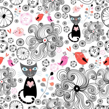 floral pattern with black cats and birds
