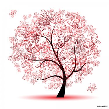 Floral tree beautiful with butterflies - 900459858