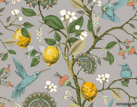 Floral vector seamless pattern. Botanical wallpaper. Plants, birds flowers backdrop. Drawn nature vintage wallpaper. Lemons, flowers, hummingbirds, blooming garden.