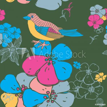Flower Seamless Background With a Bird