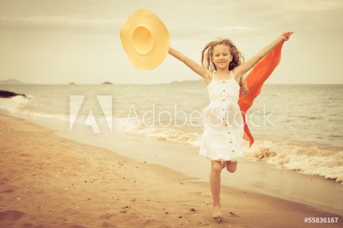 flying jump beach girl on blue sea shore in summer vacation - 901144130