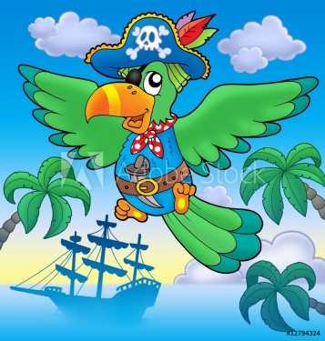 Flying pirate parrot with boat