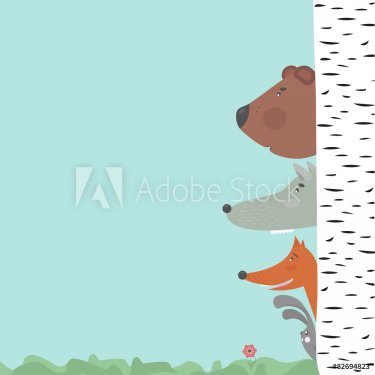 Forest animals (hare, fox, wolf, bear) hiding behind a tree