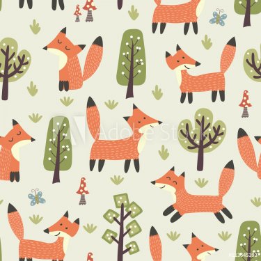Forest seamless pattern with cute little foxes and trees - 901151657
