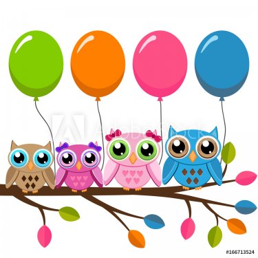 Four owls on a branch with air balloons - 901149813