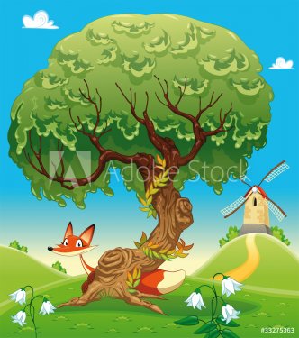 Fox behind the tree. Vector illustration, isolated objects. - 900454636
