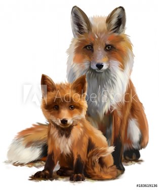 Fox mom and cub watercolor painting