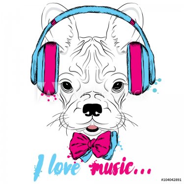French bulldog wearing headphones. Vector puppy. Hipster.