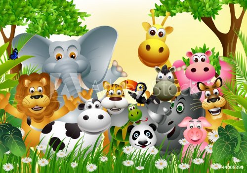 funny animal cartoon with tropical forest background