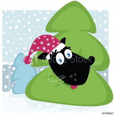 Funny dog inside christmas tree. Vector Illustration. - 900706152