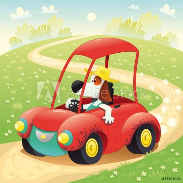 Funny dog on a car. Vector illustration, isolated objects