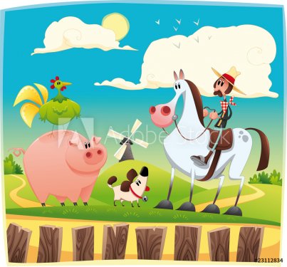 Funny farmer with animals. Cartoon and vector illustration.