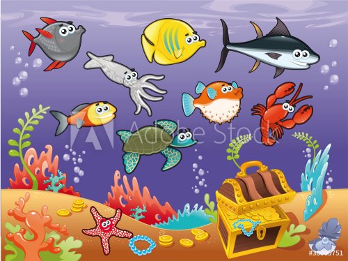 Funny fish under the sea. Vector illustration. - 900454606