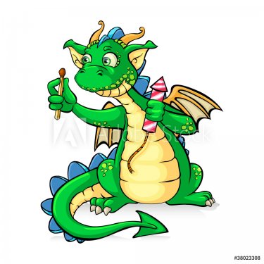Funny green dragon holding fireworks - in vector - 900600964