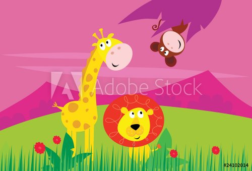 Funny jungle africa animals: Giraffe, Lion and Monkey