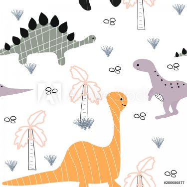 Funny kids seamless pattern with dinosaur. Vector hand drawn illustration.