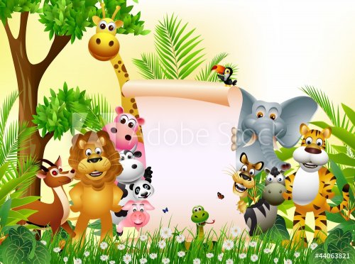 Funny Wild African animal cartoon with blank sign - 900949509