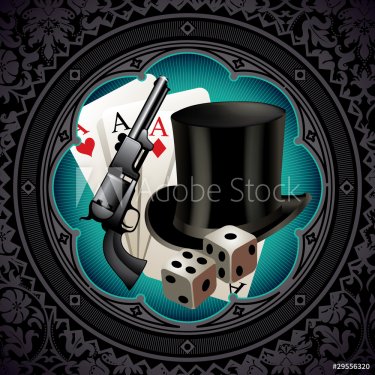 Gambling vintage background with gun and hat. - 901142281