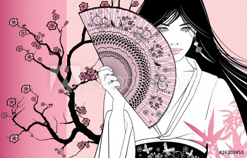 geisha on a pink floral background - 900472326