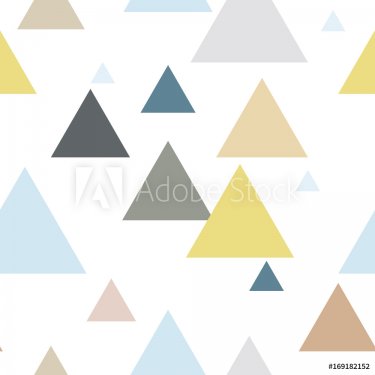 Geometric triangle seamless repeat pattern in blue, yellow, brown, gray colors. Scandinavian style.