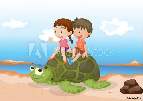 Girl and Boy Sitting on Tortoise - 900460714
