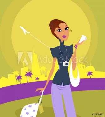 Girl at the airport preparint on travel. VECTOR