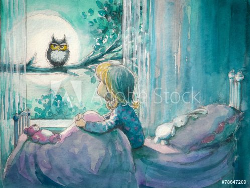 Girl in her bed looking at owl on a tree.Watercolors