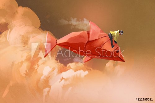 girl riding on the origami paper red fish in the clouds,illustration painting