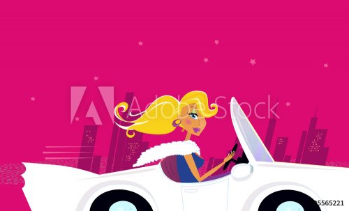 Girly Chick Driver in a Convertible Car. VECTOR ILLUSTRATION - 900706067