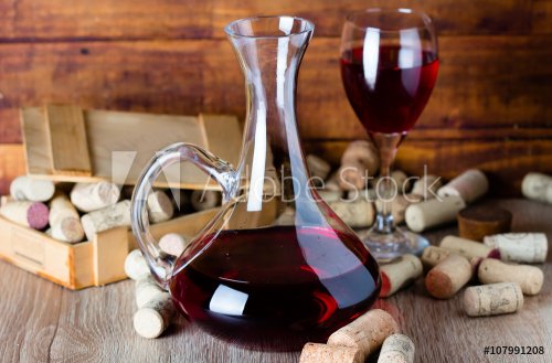 Glass of wine, decanter and wine corcs. Wine concept - 901149174