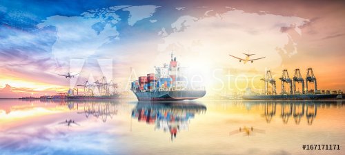 Global business logistics import export concept and transport industry of container cargo freight ship at sunset sky