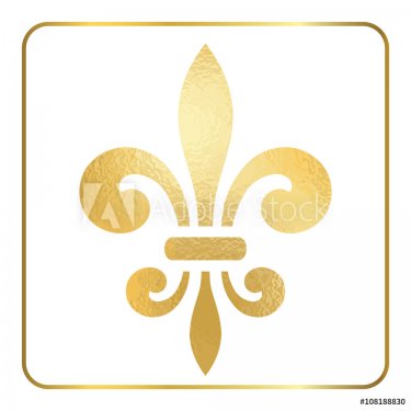 Golden fleur-de-lis heraldic emblem. Gold foil sign, isolated on white background. Design lily insignia element. Glowing french fleur de lis royal lily. Elegant decoration symbol. Vector Illustration.
