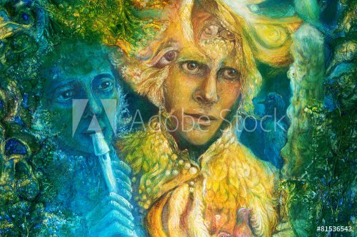 Golden sun god and blue water goddes, fantasy imagination colorf - 901146348