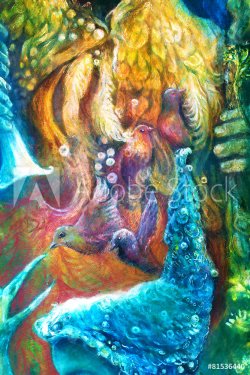 Golden sun god, blue water goddess, fairy child and a phoenix bi - 901146346