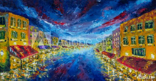 Grand Canal in Venice, Italy at night, art, panoramic scene view - Impressionism oil painting, contemporary style on stretched canvas, palette knife