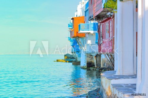 Greece, closeup on little Venice Mykonos capitol - 901138589