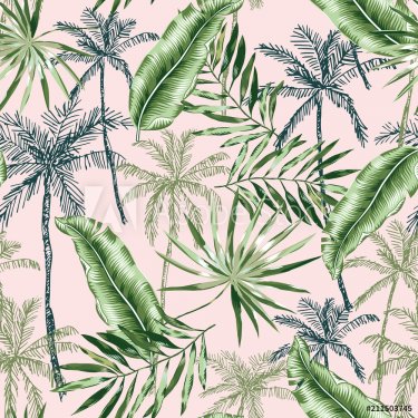 Green banana, palm trees, leaves with blush pink background. Vector seamless ... - 901152359